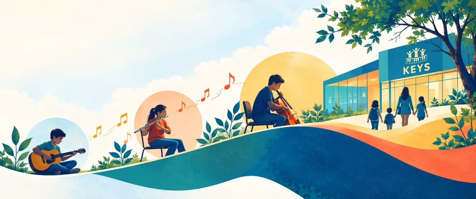 An illustration of young musicians playing guitar, flute and cello, with families walking into the KEYS building