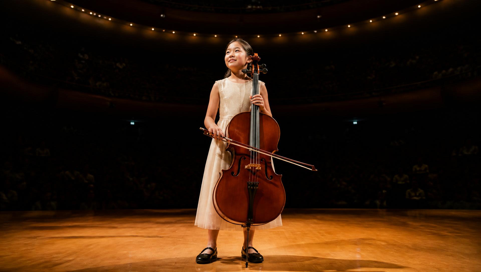 A young cellist alone in a warm spotlight on a concert hall stage