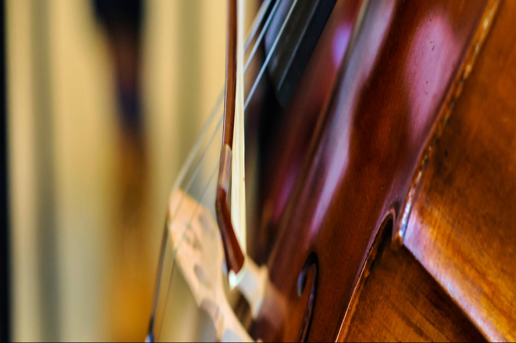 A cello and bow in close-up